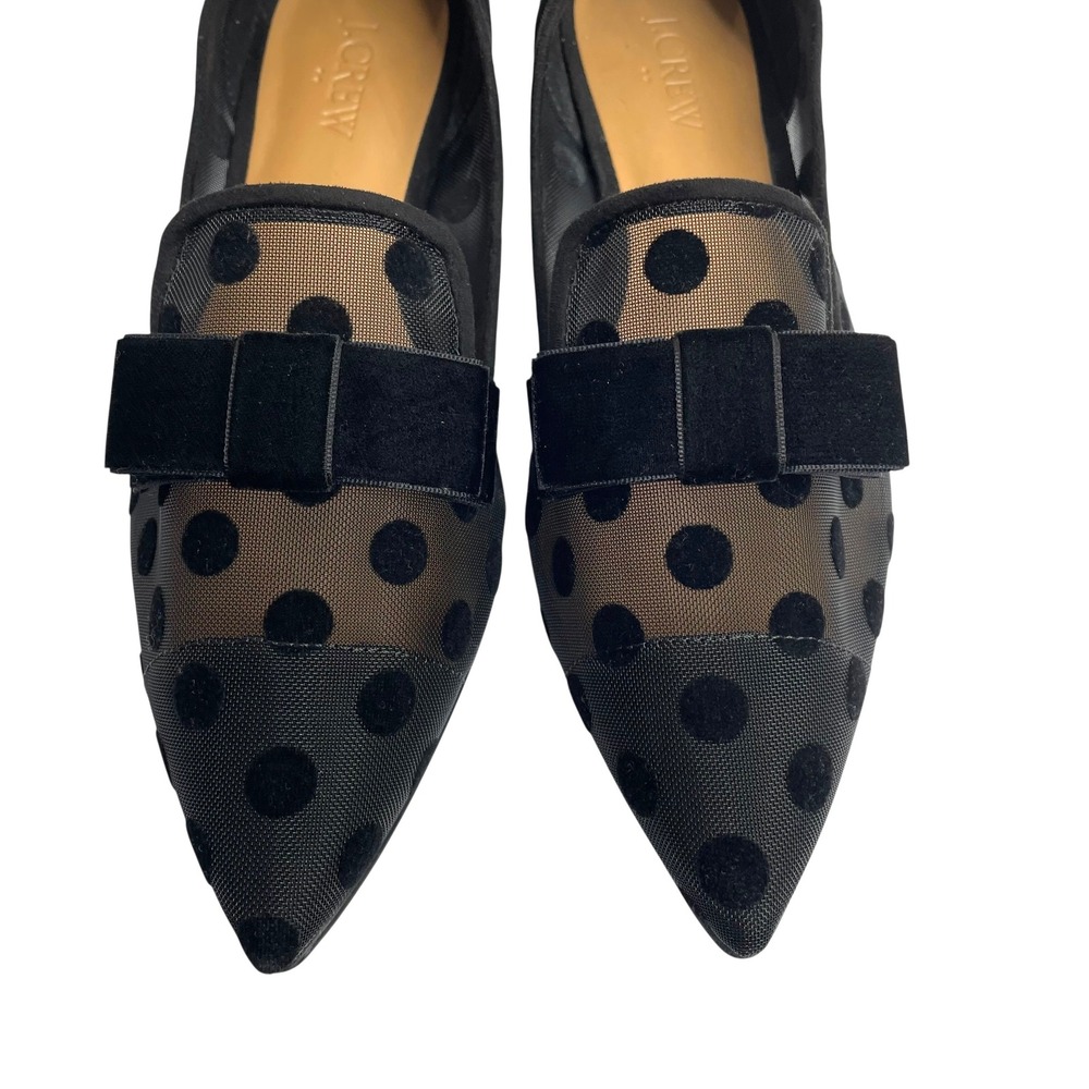 J. Crew Mesh Polka Dot Black Flats Loafers Size 8 velvet bow Pointed Coquette - Picture 4 of 8